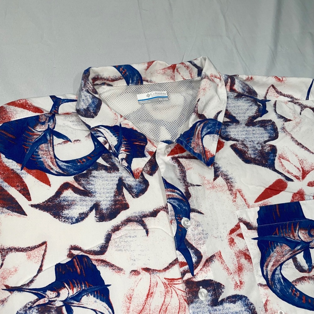 Columbia PFG Mens XXL White Red Blue Marlin Tropical Fish Fishing Shirt FM7011